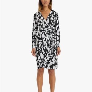 Maggy London Black & White Abstract Wrap Midi Dress with Tie Waist